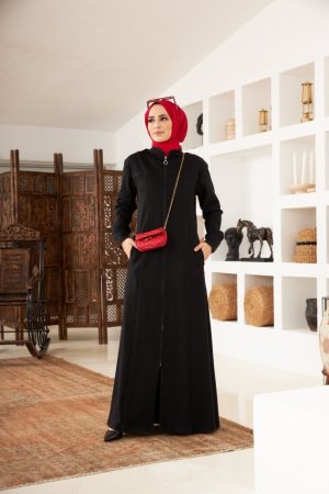 Zip up denim abaya black