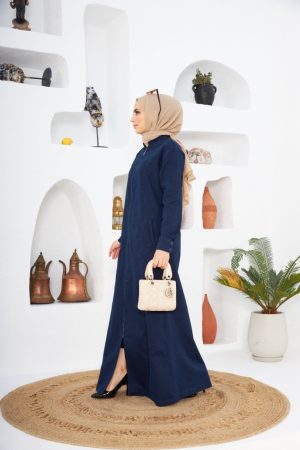 Zip up denim abaya navy blue