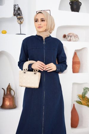 Zip up denim abaya navy blue